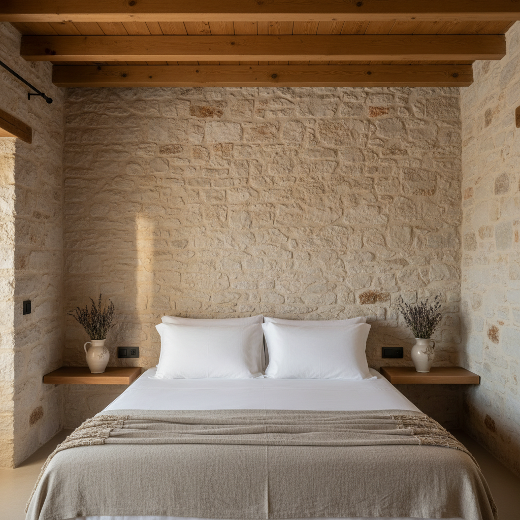 A luxurious guest room in an Aegean stone house hotel, with thick, pale-beige stone walls and exposed wooden ceiling beams in a honeyed oak finish. A neatly made bed with crisp white linen and a textured natural-linen throw sits centered against the wall, framed by two minimalist wooden bedside shelves holding ceramic vases of dried herbs. Soft morning light pours in from an unseen window, illuminating fine details of the stone and casting gentle shadows. The composition is symmetrical and photographed in clean, high-resolution realism, with a calm, sophisticated atmosphere and sharp focus throughout, highlighting the interplay between stone, wood, and subtle garden-inspired accents.