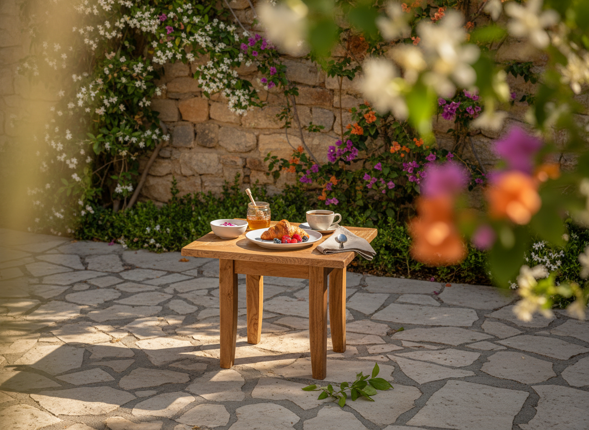 An inviting outdoor breakfast setup in a secluded hotel patio, paved with irregular, sun-bleached stone slabs. A compact, finely crafted wooden table with visible natural grain is set with white ceramic plates, a small glass jar of local honey, and a simple linen napkin. Behind, a textured stone wall is partially covered by climbing jasmine and bougainvillea, their blooms softly out of focus. Early morning sunlight creates a gentle golden glow, with long, delicate shadows stretching across the stones. Shot from a slightly elevated angle in photographic realism, with a moderate depth of field, the mood is sophisticated yet relaxed, subtly suggesting the fragrance of flowers and herbs drifting from the surrounding garden.