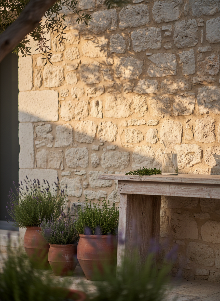 An intimate corner of a boutique Aegean hotel courtyard, featuring a rustic stone wall in creamy limestone tones with subtly uneven texture and hand-chiseled edges. In front, a low, weathered wooden console table holds a simple glass carafe of water and a single sprig of fresh rosemary. Terracotta pots with lavender and thyme nestle at the base of the wall, their leaves slightly blurred in the foreground. Late afternoon sunlight filters through unseen olive branches, casting dappled, warm patterns across the stone and wood. Photographic realism, eye-level composition, and a shallow depth of field create a sophisticated, serene mood that quietly evokes the scent drifting in from the garden.