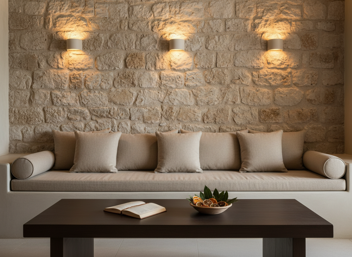 A quiet interior lounge of a refined Aegean hotel, showcasing a built-in stone bench with smooth, sand-colored cushions and a low, solid-wood coffee table with a matte finish. The backdrop is a meticulously crafted stone wall, its rough texture highlighted by warm, indirect wall sconces that cast soft pools of light and shadow. On the table, a single open book and a small bowl of dried citrus slices and bay leaves add understated character. The scene is captured at eye level in photographic realism, with a balanced, minimalist composition and a calm, sophisticated mood, emphasizing natural materials and subtle sensory details rather than clutter.